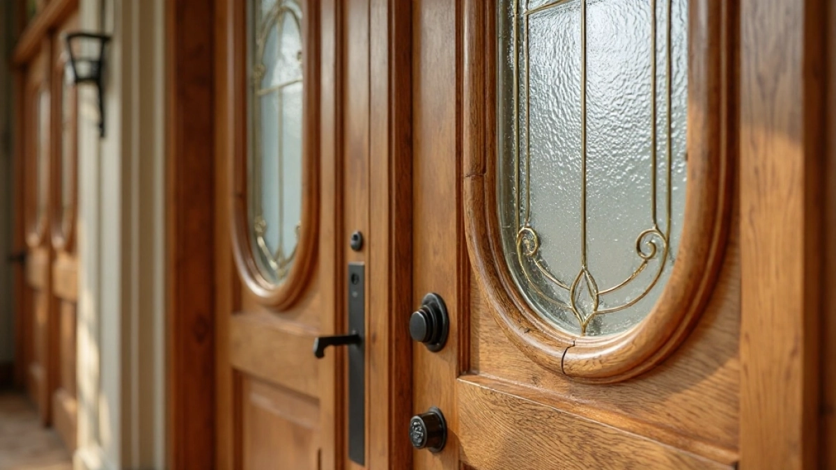 drewniane drzwi frontowe z szybą