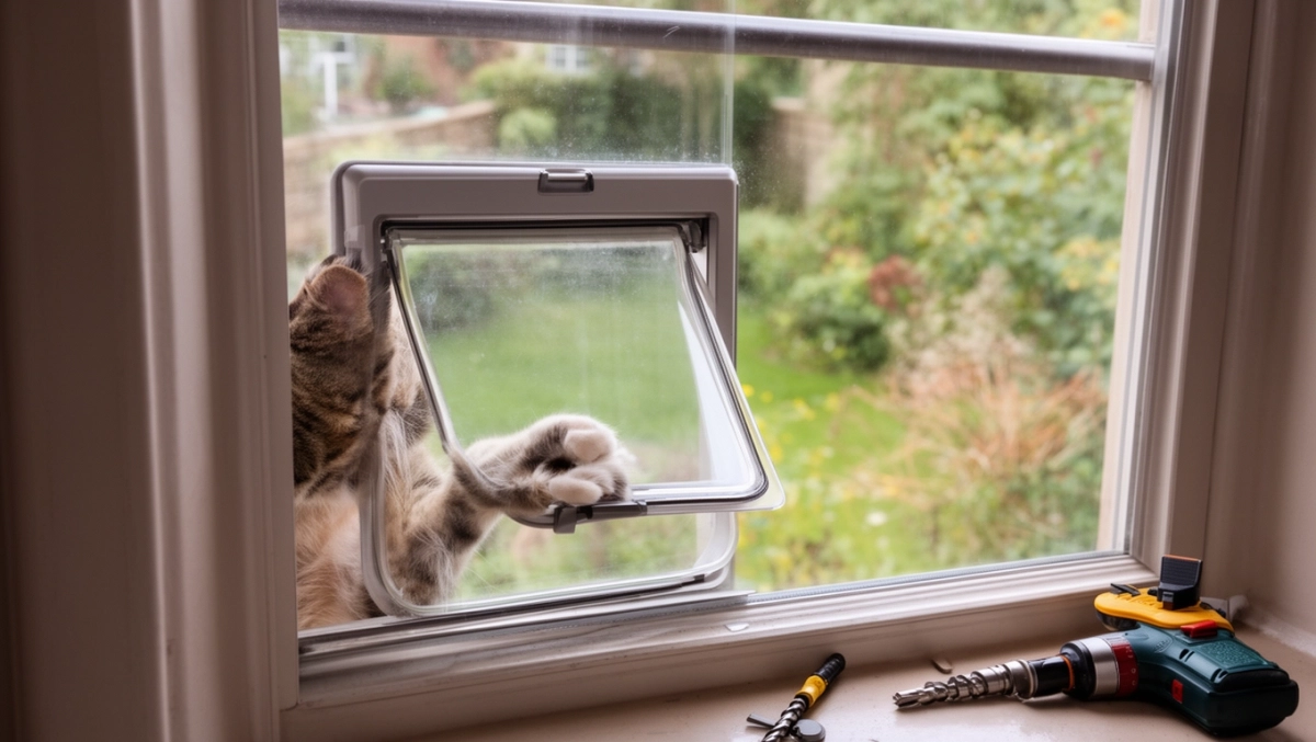 jak zamontować drzwiczki dla kota w szybie