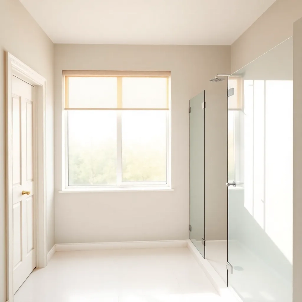 Łazienka z oknem na wprost drzwi i prysznicem