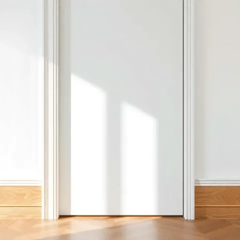 Białe drzwi i drewniane listwy przypodłogowe