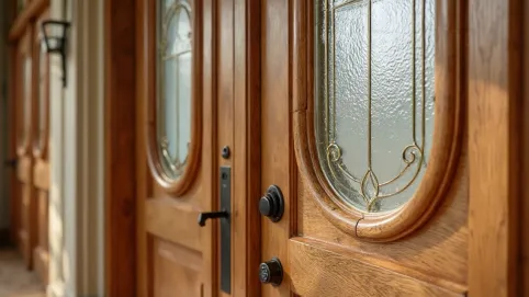 drewniane drzwi frontowe z szybą